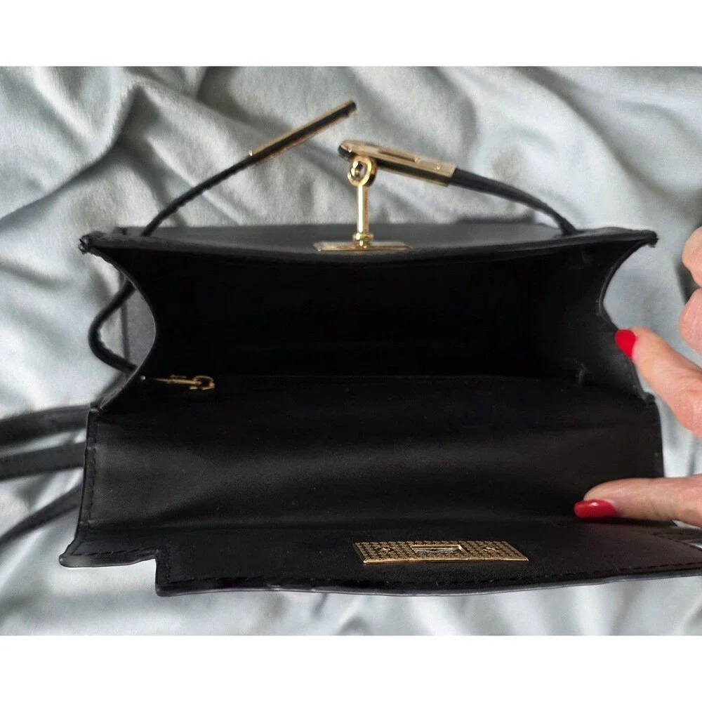 Black Structured Box Crossbody Bag Gold Turn Lock Top Handle Shoulder Purse